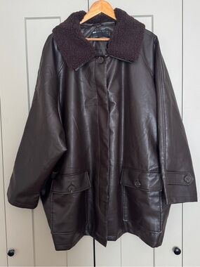 Chocolate Brown Leather-Look Jacket with Borg Collar | ASOS CURVE